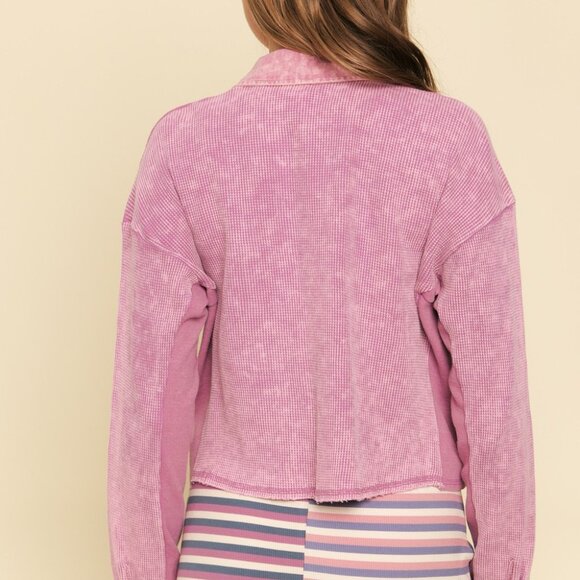 MYSTREE Mauve Cropped Shacket Button Front Waffle Texture Overshirt - Picture 4 of 6